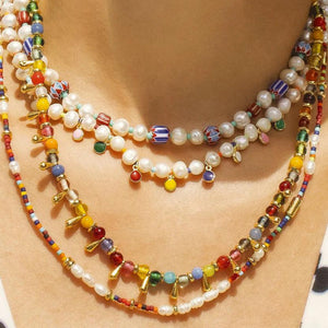multicolour necklace on a woman