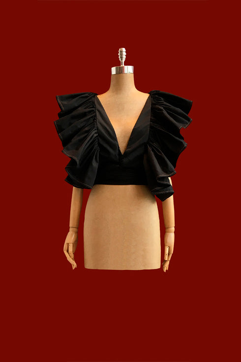 TOCUYO CROPPED TOP RUFFLES V NECK BLACK