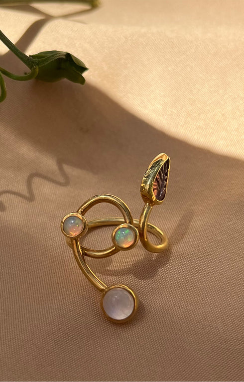 Gold Leaves, Opals and Moonstone Ring front view