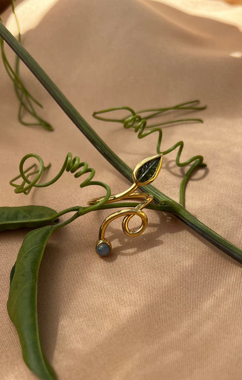 Gold Tourmaline Leave Shaped & Opal Ring front view