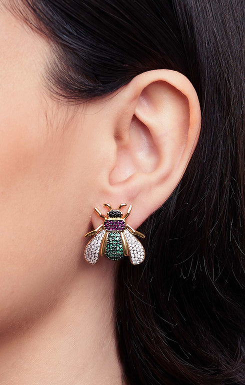 Green Crystal Fly Stud Earrings front view