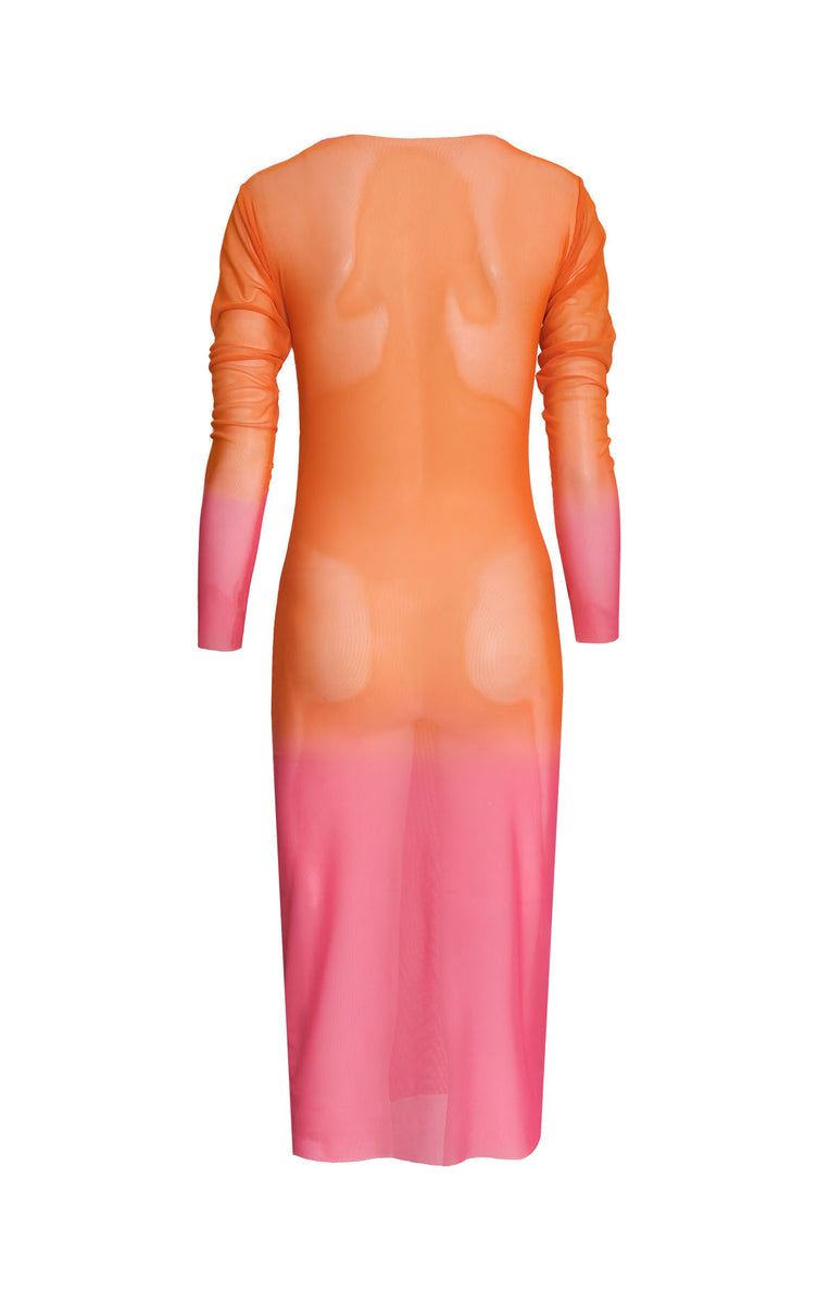 Orange Mesh Long Sleeve Midi Dress VIPOP Orange Mesh Long Sleeve Midi Dress VIPOP