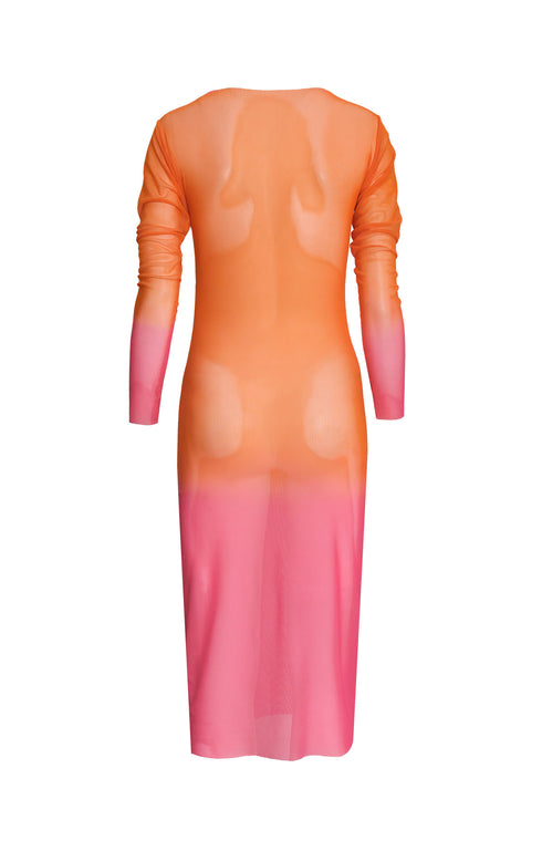 Orange Mesh Long Sleeve Midi Dress
