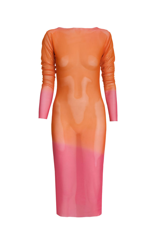 Orange Mesh Long Sleeve Midi Dress