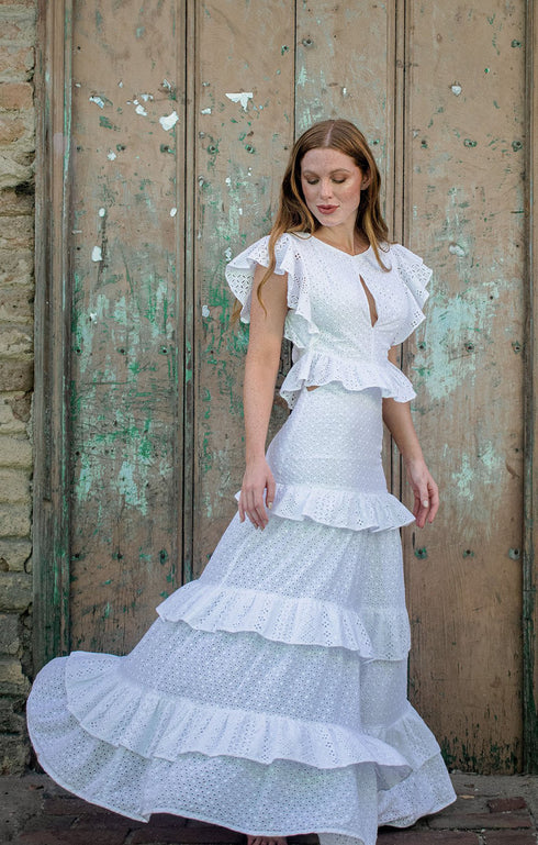 White Cotton Ruffles Maxi Dress