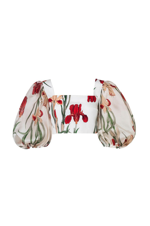 White Flora Balloon Sleeves Crop Top