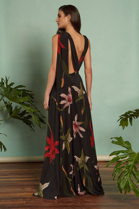 Black Flora Deep V Maxi Dress