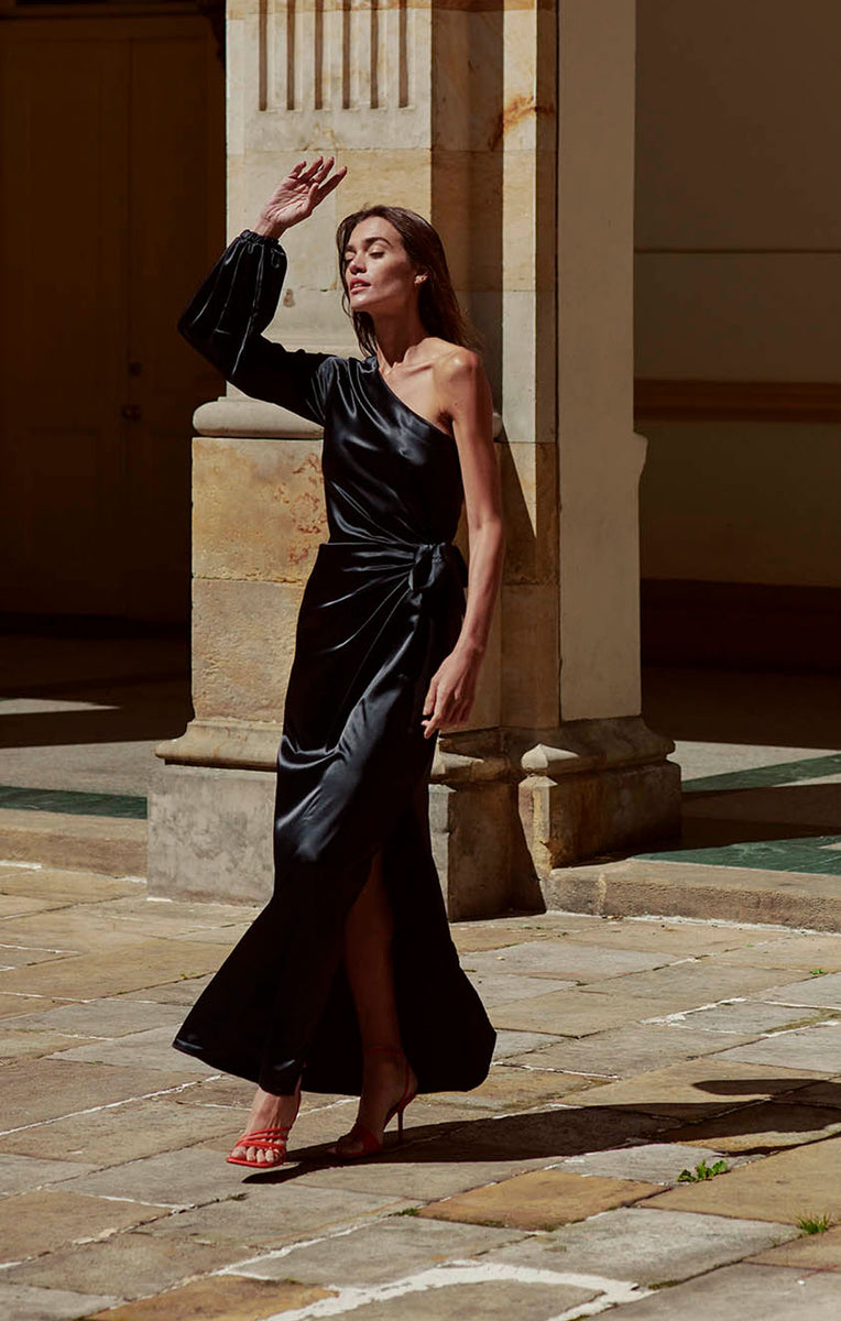Black One-shoulder Satin Maxi Dress VIPOP Black One-shoulder Satin Maxi Dress VIPOP