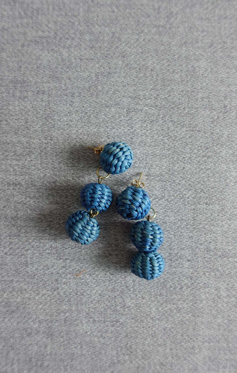 Blue Woven Pearls Toquilla Straw Earrings