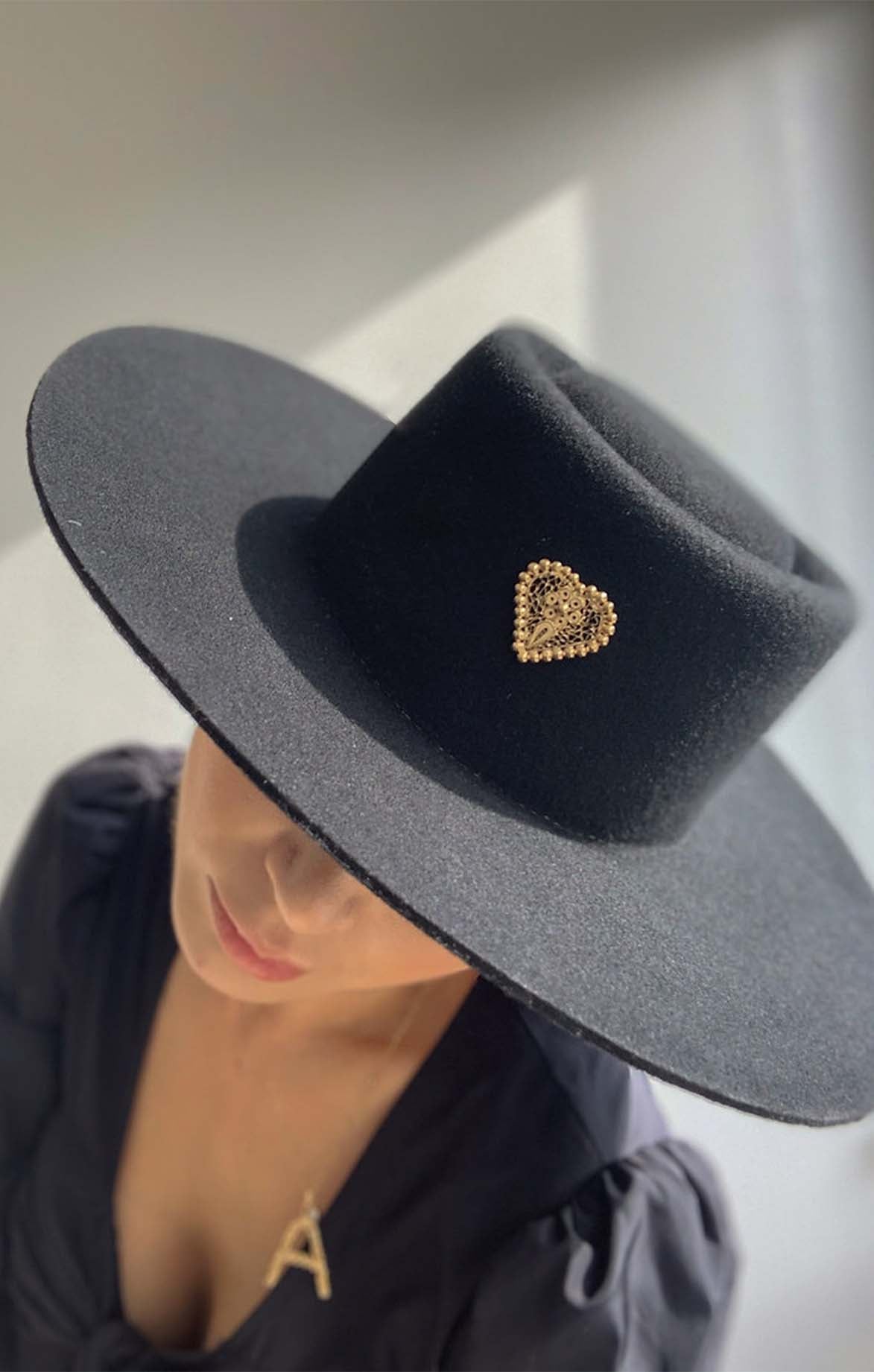 Black Wool Felt Hat With Goldplated Heart